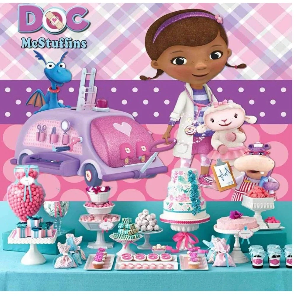 Doc McMuffin backdrop,7 x5, for birthday celebration pink, purple & brown